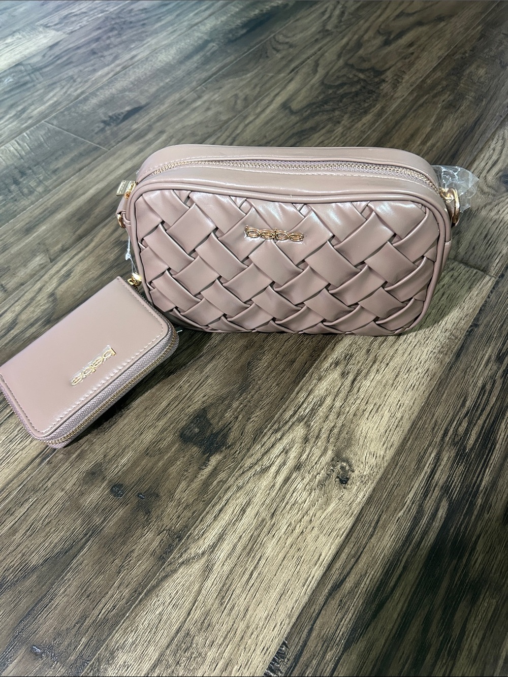 Bebe Woven Crossbody Bag in taupe with Matching Wallet